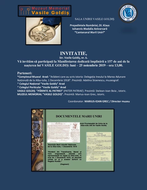 Invitatie muzeul memorial vasile goldis